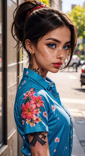 1girl, solo, long hair, looking at viewer, blue eyes, brown hair, shirt, jewelry, upper body, ponytail, short sleeves, earrings, parted lips, blurry, arm up, lips, head tilt, tattoo, floral print, freckles, realistic, nose, red lips, arm tattoo, print shirt, flower tattoo