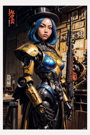 A (((professional advanced design))) for a (((movie poster))) featuring a (((humanoid robot))) dressed in a ((samurai style)) with a ((hat)), holding a highly detailed and advanced ((AK47 gun)) in a (Shonen style), paired with a (Steampunk portrait), anime art portrait, and a (Ukiyo-e style) low angle composition, using vibrant pop art colors