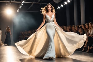A (((beautiful woman))) confidently striding down a (((fashion runway))), dressed in a flowing, luxurious (long designer gown) that drapes around her in waves