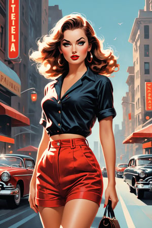 Produce an eye-catching flat illustration that transports viewers to a retro-inspired comic book world. Picture a dynamic scene where our vintage-style female model confidently struts across a bustling city street, her high-waist shorts and crop top catching the attention of passersby. Use a bold combination of red and black to convey a sense of timeless elegance and intrigue. Enhance the illustration with subtle halftone patterns, adding depth and texture to the artwork. Consider incorporating iconic elements from the 1950s or 1960s, such as vintage cars, neon signs, or mid-century architecture, to further evoke the era's charm and allure. Ultimately, aim to create a visually stunning piece that not only captures the essence of retro fashion but also transports viewers to a world filled with nostalgia and excitement.