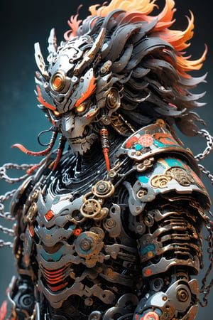 A fantastically detailed (((humanoid robot))), inspired by Shonen manga style, featuring intricate gears and chains mixed with (((samurai patterns))), colorful tones reminiscent of (anime art), a playfully whimsical (ukiyo-e portrait), and a sleek, futuristic silhouette, captured from a low angle with vivid pop art colors