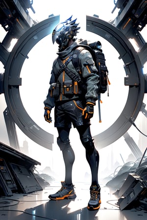 Prompt 1: Photorealistic Images
{A lone young man} stands against a simple white background, his focus squarely on the viewer, in a photorealistic style. He wears a jacket, shorts, and gloves, while a backpack hangs from his shoulders. A helmet rests securely on his head, indicating readiness for adventure. The scene is dominated by the male figure, his stance confident and assertive. A cable with a radio antenna extends from his backpack, hinting at his connection to technology. Beside him stands a robot companion, adding to the sci-fi atmosphere.

Camera: Full body shot
Lens: 35mm
View: Front
Resolution: 8K
Lighting: Soft studio lighting
Render: Photorealistic with attention to detail