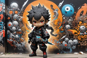 Produce a captivating full-body depiction of Kano as a child, clad in a miniature black outfit with cybernetic enhancements. He's holding a toy knife behind his back, a mischievous glint in his eye as he plots his next prank, with a backdrop of urban graffiti adding to his rebellious charm.