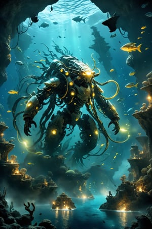 In a (((bioluminescent ocean))), an (((underwater civilization))), alive with the glow of mysterious sea creatures, goes to war against a race of advanced (((mechanical beings))), their vessels and weapons casting an ominous glow amidst the ruins of ancient cities and the sprawling kelp forests of the deep