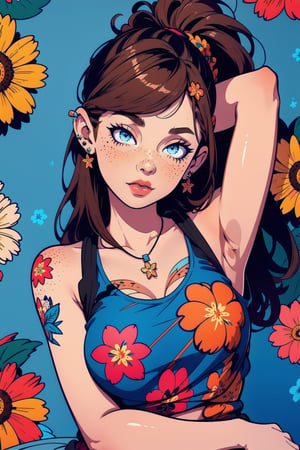 1girl, solo, long hair, looking at viewer, blue eyes, brown hair, shirt, jewelry, upper body, ponytail, tanktop, earrings, parted lips, arm up, lips, head tilt, tattoo, floral print, freckles, realistic, nose, red lips, arm tattoo, print shirt, flower tattoo, lay down on bad