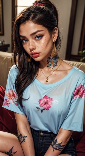 1girl, solo, long hair, looking at viewer, blue eyes, brown hair, shirt, jewelry, upper body, ponytail, short sleeves, earrings, parted lips, blurry, arm up, lips, head tilt, tattoo, floral print, freckles, realistic, nose, red lips, arm tattoo, print shirt, flower tattoo, lay down on sofa