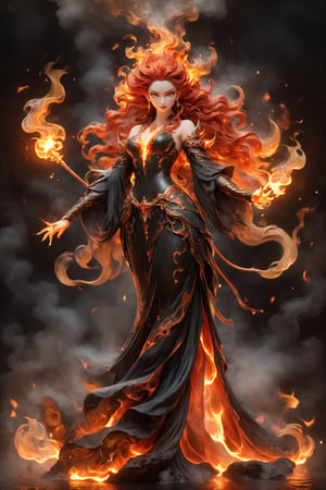 Visualize the majestic (((Queen of Fire))), elegantly poised with a commanding presence, dressed in a flowing (((lava gown))), her luxurious red tresses cascading down her back like molten tendrils, and her piercing eyes reflecting the untamed power of fire, held aloft by a (((scepter ornamented with flames))), exuding regal authority and unfettered passion