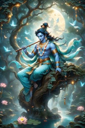 A stunning hyper-detailed illustration of Lord Krishna, depicting him playing the flute while seated on a lotus swing. The lotus swing is hanging from a tree branch, with mesmerizing, glowing cyan outlines that create a dreamy atmosphere. The background is a dark, magical forest, filled with enchanting elements like floating orbs, vines, and mythical creatures peeking from behind the trees. The overall ambiance of the image is mystical and transcendent, capturing the essence of Krishna's divine presence.