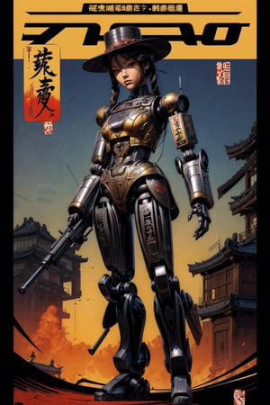 A (((professional advanced design))) for a (((movie poster))) featuring a (((humanoid robot))) dressed in a ((samurai style)) with a ((hat)), holding a highly detailed and advanced ((AK47 gun)) in a (Shonen style), paired with a (Steampunk portrait), anime art portrait, and a (Ukiyo-e style) low angle composition, using vibrant pop art colors,magazine cover