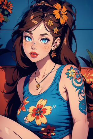 1girl, solo, long hair, looking at viewer, blue eyes, brown hair, shirt, jewelry, upper body, ponytail, tanktop, earrings, parted lips, arm up, lips, head tilt, tattoo, floral print, freckles, realistic, nose, red lips, arm tattoo, print shirt, flower tattoo, lay down on sofa