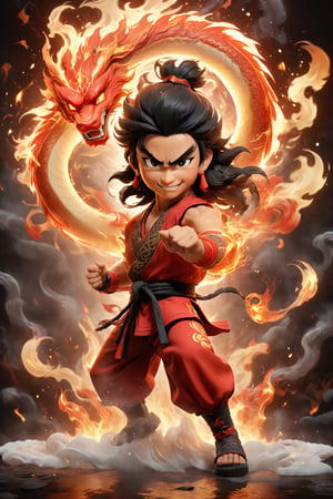 Generate a full-body image of Liu Kang as a child, wearing a vibrant red martial arts uniform adorned with playful dragon motifs. He's striking a dynamic martial arts pose, surrounded by swirling flames that form into cute dragon shapes.