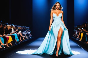 A (((beautiful woman))) big breasts, a big butt with confidently striding down a (((fashion runway))), dressed in a flowing, luxurious (long designer gown) that drapes around her in waves