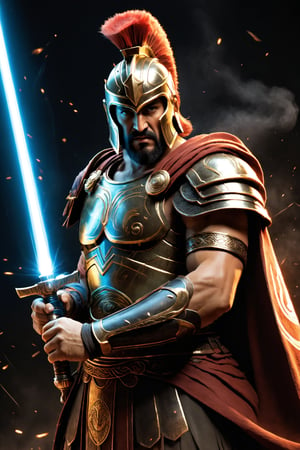 Generate an image of King Leonidas of Sparta wearing his traditional Spartan dress, but instead of holding a traditional weapon, he is holding a lightsaber from the Star Wars movies. The lightsaber should be ignited, with a blue or green blade, and King Leonidas should have a determined expression on his face, as if he's ready to lead his warriors into battle.