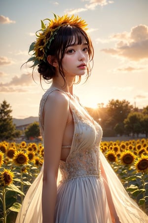 A (((sunny field))) with a serene (((sunflower-filled landscape))), backdropped by a tranquil (((setting Sun))), framed by a (softly falling Sky) and the gentle company of (ethereal Clouds) at an unforgettable (Sunset)
