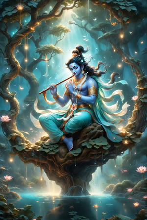 A stunning hyper-detailed illustration of Lord Krishna, depicting him playing the flute while seated on a lotus swing. The lotus swing is hanging from a tree branch, with mesmerizing, glowing cyan outlines that create a dreamy atmosphere. The background is a dark, magical forest, filled with enchanting elements like floating orbs, vines, and mythical creatures peeking from behind the trees. The overall ambiance of the image is mystical and transcendent, capturing the essence of Krishna's divine presence.