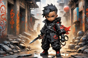 Produce a captivating full-body depiction of Kano as a child, clad in a miniature black outfit with cybernetic enhancements. He's holding a toy knife behind his back, a mischievous glint in his eye as he plots his next prank, with a backdrop of urban graffiti adding to his rebellious charm.