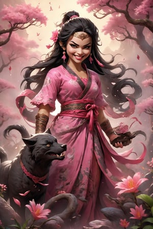 Generate an original full-body artwork of Mileena as a young girl, wearing a playful pink dress with hints of her Tarkatan heritage subtly woven into the design. She's innocently playing with a doll, her cute smile concealing her sharp teeth, while vibrant flowers bloom around her, symbolizing her hidden beauty.