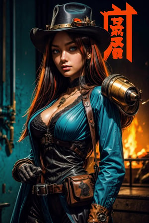 A design of the movie poster with the female humanoid robot in cowboy style and cloth with hat, holding a gun, detailed, highly detailed, high resolution, hyper-detailed, HDR, UHD, professional. , anime josei style, Steampunk Portrait, Extreme Close-Up shot, Teal and Orange Contrast