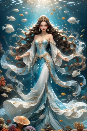 Visualize the essence of the (((Queen of Water))), exuding elegance and mystery, dressed in a flowing (((gown))), intricate details like iridescent pearls and crystals evoking the radiance of sunlight on water, her luxurious locks undulating, while her eyes hold the secrets of the deep, all underpinned by a regal crown of seashells and coral, representing her sovereignty over aquatic realms
