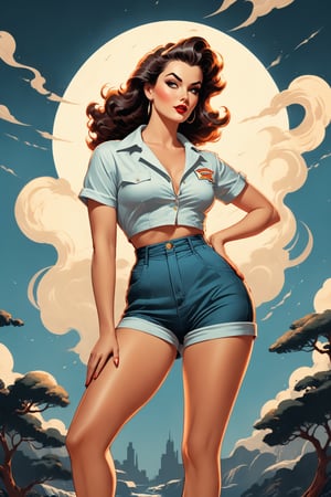 Design a (((flat illustration))) reminiscent of vintage-style female model posters with a classic comic book aesthetic. The illustration features a confident female model wearing a sleek (((high-waist shorts))), a stylish (((crop top))), and a half-tone effect that gives off a nostalgic glow. Her countenance exudes an air of charisma and old-school glamour
