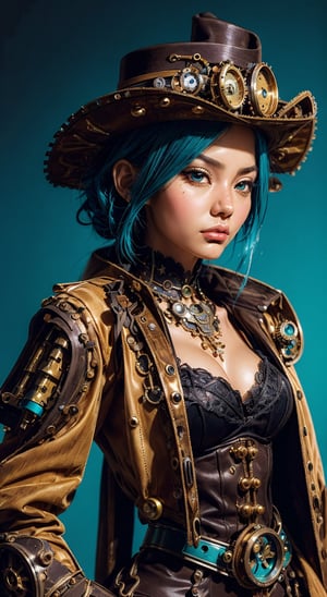A breathtakingly (((hyper-detailed))), advancedly detailed (@2560 x 1440 resolution) (((professional-grade))) anime josei-style (((steampunk portrait))), featuring a female humanoid robot in a (((cowboy-inspired cloth outfit))), complete with a sophisticatedly ornate hat, poised confidently with a semblance of authority, against a (vividly contrasting teal and orange backdrop).