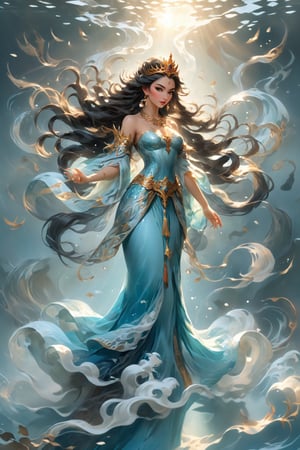 Visualize the (((Queen of Water))), embodying tranquillity and elegance, wearing a dress that gleams like the surface of a still lake. Her flowing locks mirror the serene waters, while her eyes reflect the depths below. She holds a graceful trident, representing her bond with the oceans of the world
