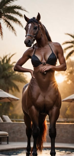 A vividly detailed (((full-body portrait))), capturing a (((beautiful female horse))) in a (((luxurious dawn setting))), posed like a modern-day aristocrat, with a sleek black bikini and a glamorous hat, exuding an air of effortless sophistication against a backdrop of a sunny poolside and a gently blurring (bokeh) background, contrasted against a softly lit, high-key environment