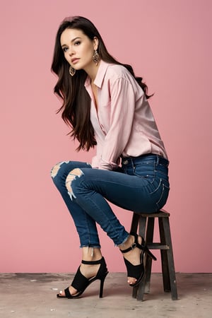 1girl, solo, long hair, looking at viewer, simple background, brown hair, shirt, black hair, jewelry, full body, earrings, shoes, pants, black footwear, high heels, from side, lips, torn clothes, black shirt, sandals, squatting, pink background, denim, jeans, realistic, torn pants, torn jeans