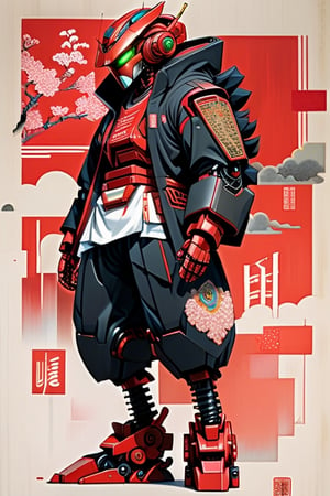 A (((professional-grade hyper-detailed fighter humanoid robot))) dressed in vibrant (((red))), ornamented with intricate ((brutalist and Y2K-style artwork)), standing against a softly detailed (((muted Ukiyo-e portrait collage))) featuring elements of a cyberdelic aesthetic. The scene exudes a (poster-like vibe) that draws viewers in with its (vibrancy and depth), advanced techniques like HDR and UHD elevating the visual experience to a level of (richness and realism).