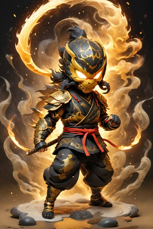 Produce an original full-body illustration of Scorpion as a child, wearing a golden ninja costume with a friendly-looking skull mask. He's practicing martial arts moves with a toy kunai spear, his fiery energy manifesting as glowing embers around him.