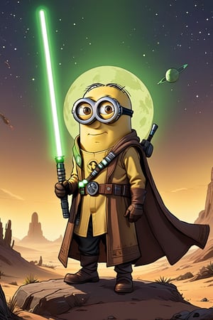 A (((tall, two-eyed Minion))) dressed as a Jedi from Star Wars, complete with a brown cloak and a ((green lightsaber)) against a backdrop of a starry night sky with far-off, glowing planets