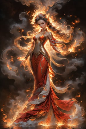 Visualize the (((Queen of Fire))), poised confidently with one hand on her hip, back elegantly arched to show off her curvaceous figure, flowing (((fire-red gown))), reflecting the light like liquid metal, revealing glimpses of her sun-kissed skin underneath, while her luxurious (((hair))) streams down her back, as if controlled by an unseen force, her gaze fixed on something far away, emanating an air of command over the (intertwining flames) around her