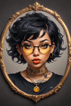 1girl, solo, looking at viewer, short hair, black hair, jewelry, sweat, earrings, parted lips, glasses, tongue, dark skin, tongue out, necklace, dark-skinned female, lips, tattoo, portrait, freckles, round eyewear, tinted eyewear, yellow-framed eyewear