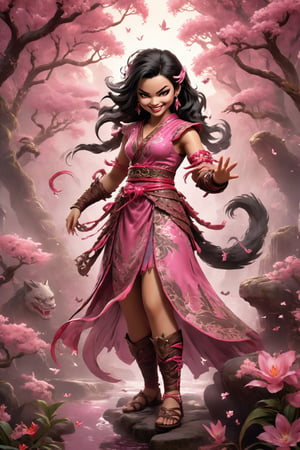 Generate an original full-body artwork of Mileena as a young girl, wearing a playful pink dress with hints of her Tarkatan heritage subtly woven into the design. She's innocently playing with a doll, her cute smile concealing her sharp teeth, while vibrant flowers bloom around her, symbolizing her hidden beauty.