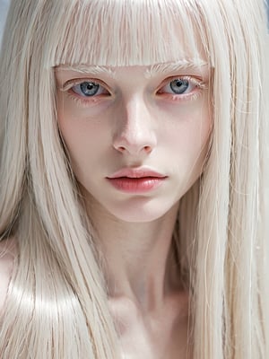 albino woman with long straight white hair, white skin, white eyebrows and white eyelashes.