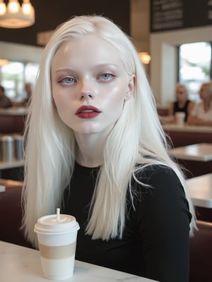 Albino woman, with perfect skin (extremely white skin), realistic, hyper-realistic skin, perfect eyes, thin complexion, split chin, ((long white hair), (extremely white eyebrows), (extremely white eyelashes). Natural makeup, Photography Ultra-realistic full body, high resolution Hands with long nails, perfect hands Wearing a ((black top)) and jeans, sitting in a restaurant ((drinking coffee)).


  full body full body full body full body full body

  coffee coffee coffee coffe 

black top black top black top black top black top black 