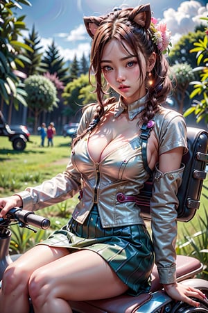 Fantasy realistic pictures The meadow is full of flowers A proud Taiwanese beauty rode a scooter, her hair and skirt flying in the wind. "The character of Snorlax 〉the Pok émon" sat in the back seat. Opening her mouth excitedly