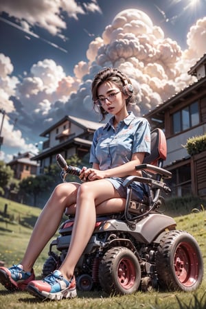 Under a vast, breathtaking sky, a 24-year-old woman, adorned with glasses and blue ear protectors, maneuvers a lawnmower with joy. As he tends to the grass, a majestic storm looms in the distance, painting a striking contrast between the serenity of his task and the imminent tempest.