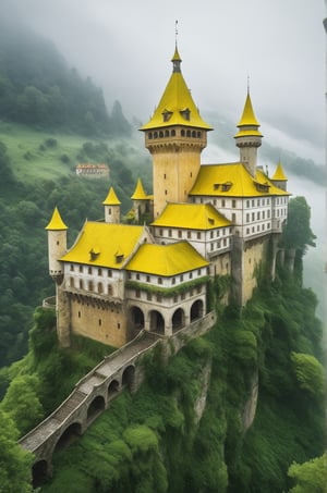 Highly detailed, photo-realistic, (Masterpiece), highest quality, 8k, HD, fantasy, old castle architecture, green jungle, all yellow roofs, thick fog, mystery, lush green, gloomy, Intense contrasts, surreal, 

add_more_creative