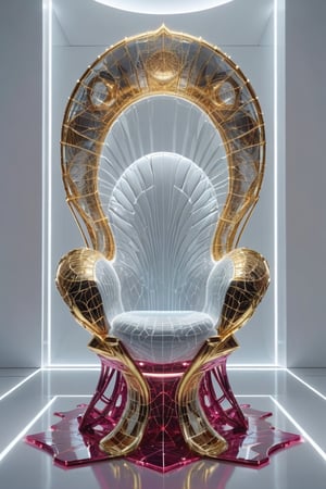 Front view of a museal sculpture displayed on a futuristic throne in the white room inside a futuristic museum. BREAK The artwork is an amazing and captivating glass abstract chair sculpture, with a sea nautilus shell, decorated with small rubies, (kinetic elements:1.4), glow, spark. Golden theme. Abstract fractal AI generated shape, sharp details, intricate and thick golden wireframes. Highest quality, detailed and intricate, original artwork, trendy, award-winning, artint, noc-wfhlgr, art_booster. BREAK wide shot, sharp focus, bright white room