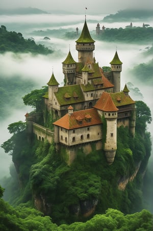 Highly detailed, photo-realistic, (Masterpiece), highest quality, 8k, HD, fantasy, old castle architecture, green jungle, brown roofs, thick fog, mystery, lush green, gloomy, Intense contrasts, surreal, 

add_more_creative