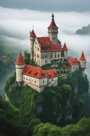 Highly detailed, photo-realistic, (Masterpiece), highest quality, 8k, HD, fantasy, old castle architecture, green jungle, red roofs, thick fog, mystery, lush green, gloomy, Intense contrasts, surreal, 

add_more_creative
