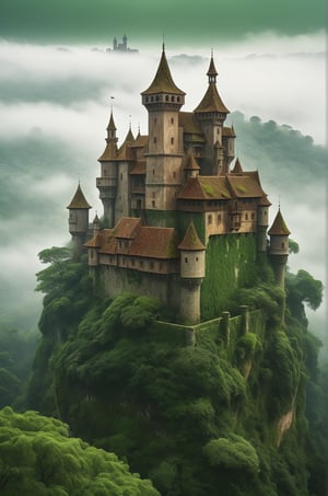 Highly detailed, photo-realistic, (Masterpiece), highest quality, 8k, HD, fantasy, old castle architecture, green jungle, all brown roofs, thick fog, mystery, lush green, gloomy, Intense contrasts, surrealistic, 

add_more_creative