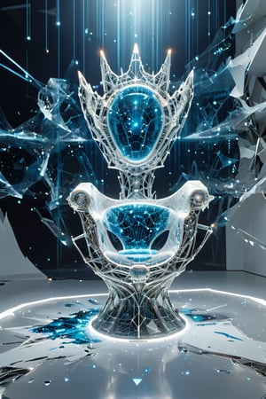 Front view of a throne displayed on a futuristic pedestal in the white room inside a futuristic museum. BREAK The artwork is (an amazing and captivating abstract sculpture:1.4), (trendwhore style:1.4), (kinetic elements:1.4), deconstructivism, shattered reality, glow, spark, (2004 aesthetics:1.2),(beautiful vector shapes:1.3), white rock theme. Abstract fractal AI generated Faberge chair, blue starry sky, gradient background, sharp details, intricate and thick silver wireframes. Highest quality, detailed and intricate, original artwork, trendy, vector art, vintage, award-winning, artint, LW. BREAK wide shot, sharp focus, bright white room,noc-wfhlgr