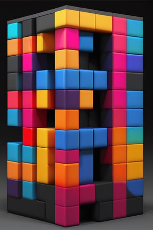 generate an impossible tetris full cubical shape corner efect multi colored and hickeither style
