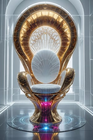 Front view of a museal sculpture displayed on a futuristic throne in the white room inside a futuristic museum. BREAK The artwork is an amazing and captivating glass abstract chair sculpture, with a sea nautilus shell, decorated with small rubies, (kinetic elements:1.4), glow, spark. Golden theme. Abstract fractal AI generated shape, sharp details, intricate and thick golden wireframes. Highest quality, detailed and intricate, original artwork, trendy, award-winning, artint, noc-wfhlgr, art_booster. BREAK wide shot, sharp focus, bright white room
