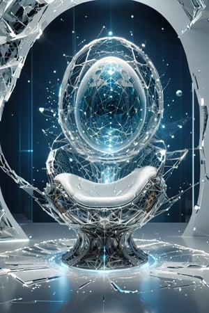 Front view of a throne displayed on a futuristic pedestal in the white room inside a futuristic museum. BREAK The artwork is (an amazing and captivating abstract sculpture:1.4), (trendwhore style:1.4), (kinetic elements:1.4), deconstructivism, shattered reality, glow, spark, (2004 aesthetics:1.2),(beautiful vector shapes:1.3), white rock theme. Abstract fractal AI generated Faberge egg, blue starry sky, gradient background, sharp details, intricate and thick silver wireframes. Highest quality, detailed and intricate, original artwork, trendy, vector art, vintage, award-winning, artint, LW. BREAK wide shot, sharp focus, bright white room,noc-wfhlgr