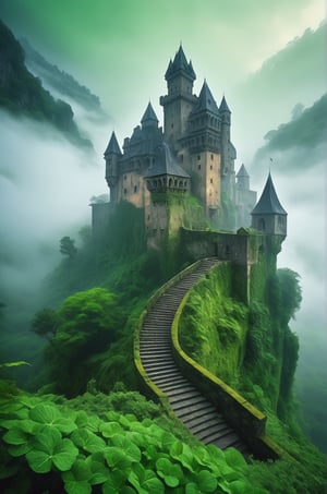 Highly detailed, photo-realistic, (Masterpiece), highest quality, 8k, HD, fantasy, old castle architecture, green jungle, thick fog, mystery, lush green, gloomy, Intense contrasts, surreal, 

add_more_creative