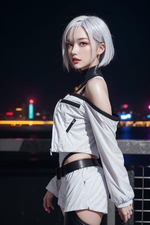 masterpiece, (photorealistic:1.4), best quality, beautiful lighting, (ulzzang-6500:0.5), lucy \(cyberpunk\), 1girl, white hair, against railing, arm rest, bangs, bare shoulders, belt, black belt, black leotard, black pants, blurry, bob cut, breasts, building, cityscape, clothing cutout, (cropped jacket), cyberpunk, depth of field, from side, gradient eyes, grey eyes, grey hair, white jacket, leotard, lips, long sleeves, looking afar, looking ahead, (mechanical parts), medium breasts, multicolored eyes, multicolored hair, night, night sky, off shoulder, open clothes, open jacket, outdoors, pants, parted lips, railing, red eyeliner, science fiction, short hair with long locks, short shorts, shorts, sidelocks, sky, solo, standing, teeth, thigh cutout, upper teeth only, white jacket, white shorts, cyberpunk \(series\), cyberpunk edgerunners, RAW photo, 8k uhd, film grain, cosplay, white wig, night, neon lights,,,, 