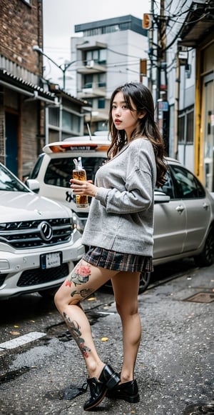 We selected the most beautiful woman in the world, Japanese gangster fashion, perfect light, Asian girl, frontal view. Junkyard, cigarettes, alcohol, bond, floor, road, tattoo, ,obese, japanese school uniform
